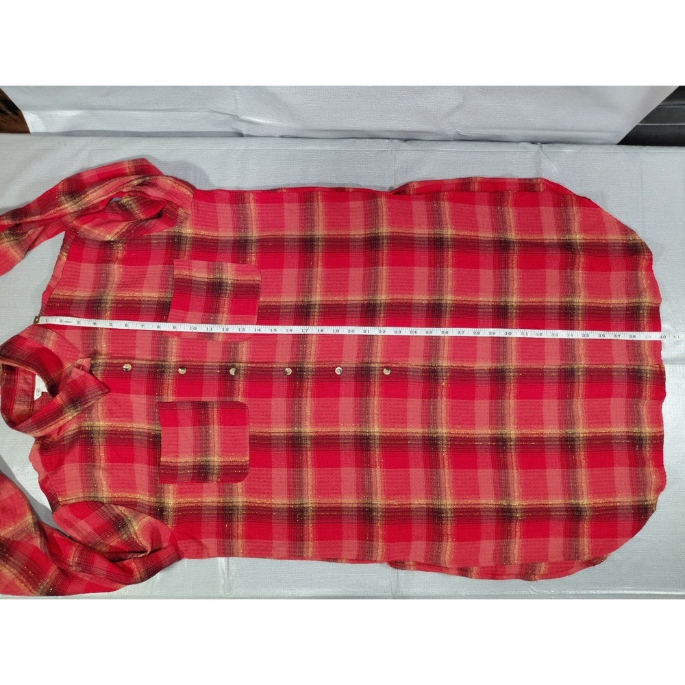 Cato Plaid Shirt Dress LG Red Gold Metallic Waffle Weave Long Sleeve - Picture 11 of 13